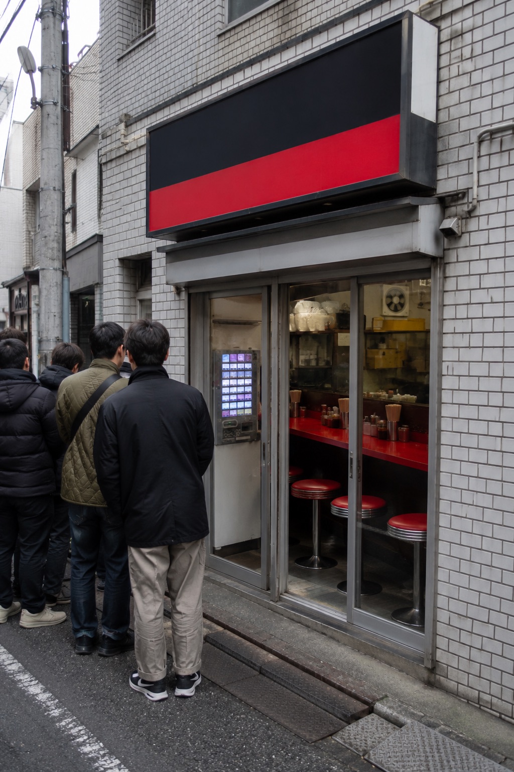麺屋 轟の外観 黒と赤の看板と行列